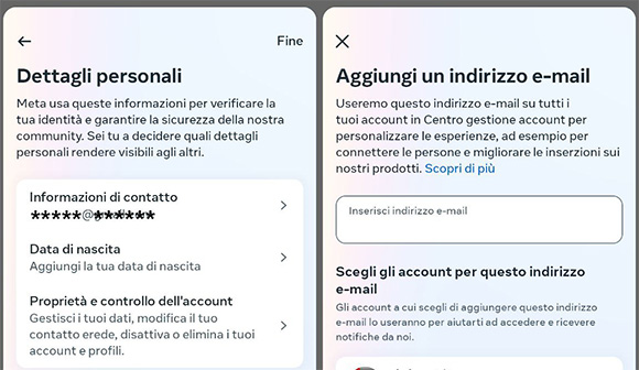 Cambiare email app Instagram