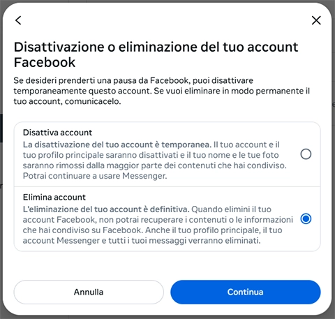 Come eliminare account su Facebook